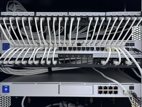 A network rack: two patch panels labelled by floor and by access point, patched to a switch above a UniFi Dream Machine Pro.